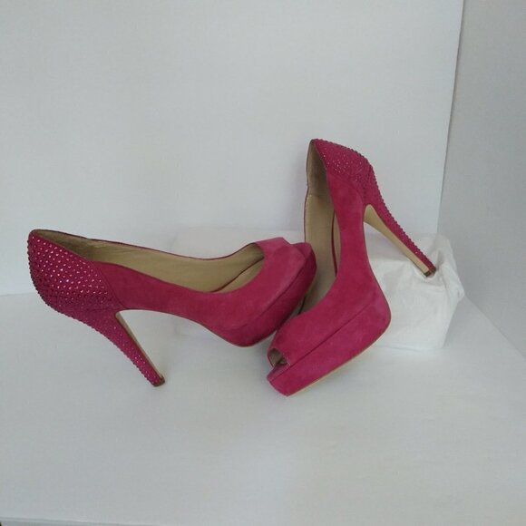 Pink Suede 5" Pink Crystal Studded Stiletto Peep Toe Pumps  Barbie Bling! Sz9.5 - Picture 1 of 11